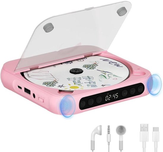 KZQ Draagbare cd-speler - Bluetooth-functionaliteit - Oplaadbaar - Ingebouwde hifi-luidsprekers - Hoofdtelefoonaansluiting - Ondersteunt cd-/aux-/usb-ingang en herhaalmodus - Geschikt voor thuis en in de auto - Roze van kzq
