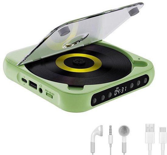 KZQ Draagbare cd-speler - Bluetooth-functionaliteit - Oplaadbaar - Ingebouwde hifi-luidsprekers - Hoofdtelefoonaansluiting - Ondersteunt cd-/AUX-/USB-ingang - Geschikt voor thuis/in de auto - Groen