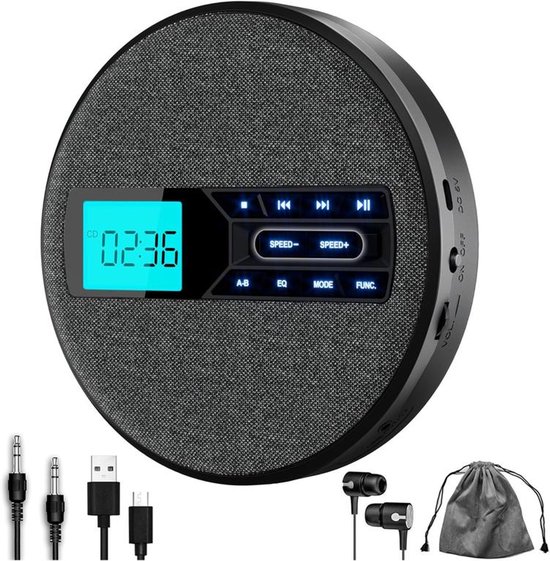 KZQ Draagbare cd-speler - Oplaadbaar - Met dubbele luidsprekers en schokbestendige functie - Ondersteunt cd-, USB- en AUX-ingangen - Voorzien van lcd-scherm - Equalizer met 5 niveaus - Geschikt voor thuis, in de auto en op reis - Zwart