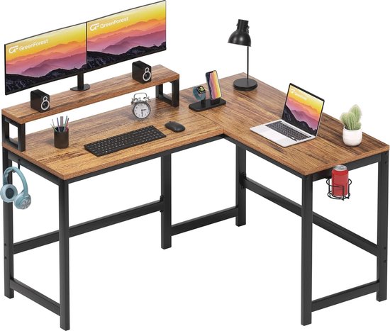 L-vormig Computerbureau Hoekbureau met Monitorstandaard en Accessoires voor Kleine Ruimtes - 128 cm Walnoot van Yaheetech