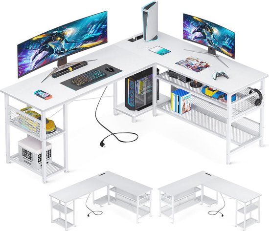 L-vormig gaming bureau met opbergruimte, USB-laadpoorten en stopcontacten - stijlvol wit 168 x 120 cm van CubiCubi