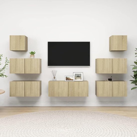 LAPOOH 3079027 TV Stand Set, 7-Piece Sonoma Oak Made of Chipboard, TV Furniture Set, TV Furniture Set, Modern TV Cabinet Set for Living Room