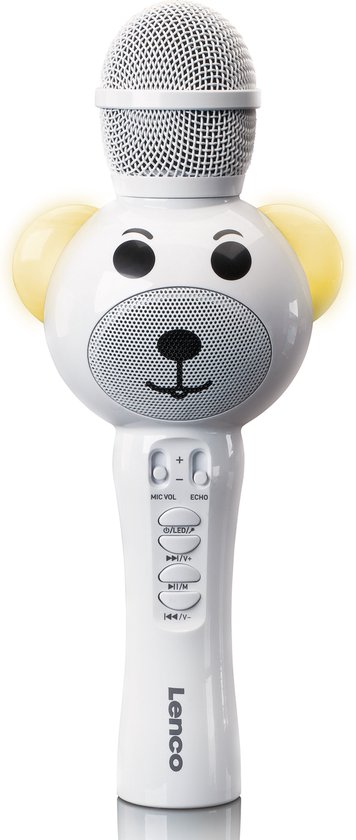 Lenco BMC-060WH - Karaoke microfoon met Bluetooth, Micro-SD kaart en AUX-uitgang - Ingebouwde Stemvervormer en LED Verlichting - Wit