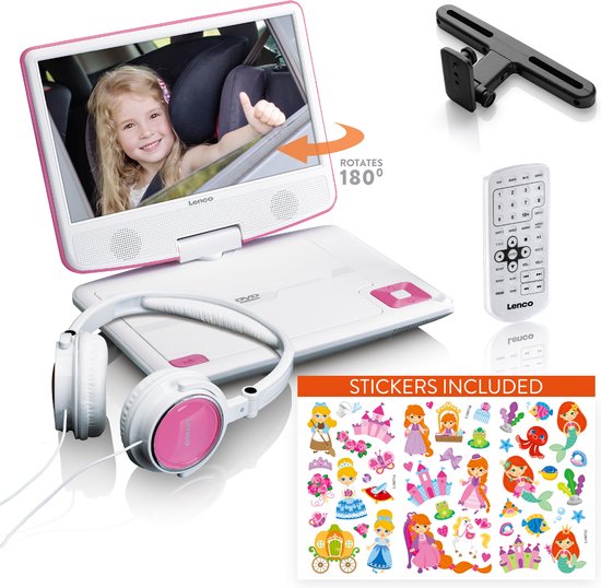 Lenco DVP-920PK - Draagbare DVD-speler met hoofdtelefoon en beugel voor in de auto - Roze/Zwart van Lenco