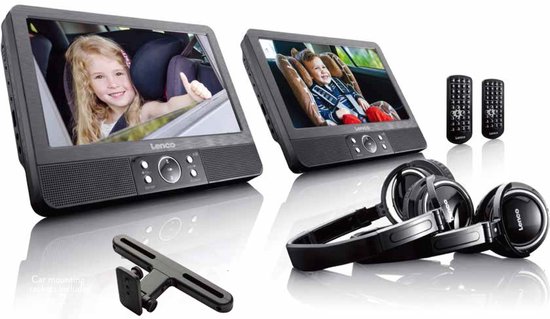 Lenco DVP-939 - 2x9" Portable DVD speler met USB,SD, ingebouwde batterij, 2x hoofdtelefoon en 2x bracket - Zwart van Lenco