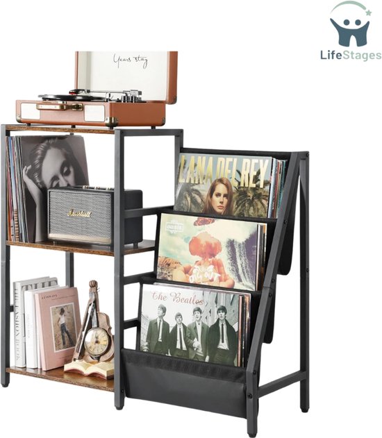 LifeStages - Platenspeler Meubel - Draaitafelstandaard Voor Vinyl Platen - Vinyl Platen Houder Kabinet Voor Woonkamer - Draaitafelstandaard Eindtafel - Met - 3 Etages Vinyl Platen Opbergtafel tot 200 Albums - Bruin - En -Zwart van LifeStages
