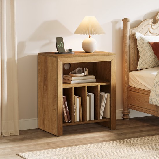 LITTLE TREE Industrieel Landhuis Platenrek - 60 x 40 x 70 cm-Hout Met 4 Ondervakken-Draagkrachtig Bovenblad Voor Audioapparatuur-Multifunctioneel Als Bijzettafel
