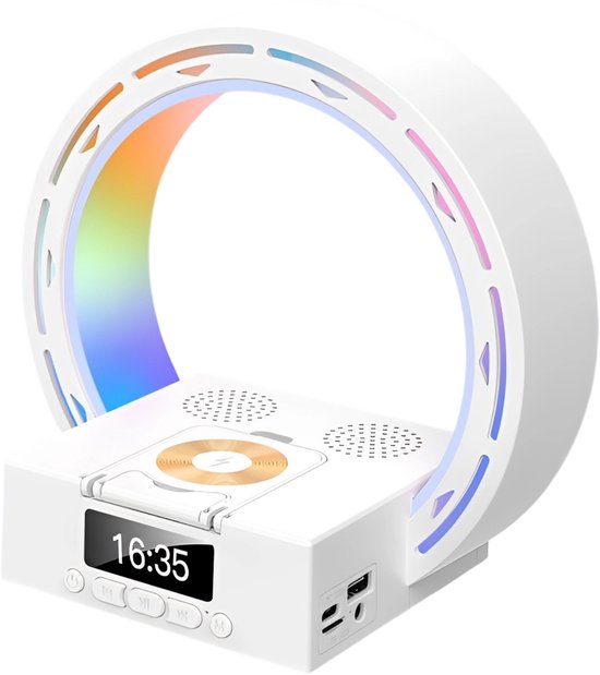 longziming -Bluetooth Speaker – Digitale Klok Slaapkamer – Bluetooth Speaker met Draadloos Opladen 15W – Bluetooth 5.3 – 3D Geluid – LED Sfeerverlichting met Digitale Klok en Telefoonhouder – Multifunctionele Bureau Speaker – wit van Merkloos
