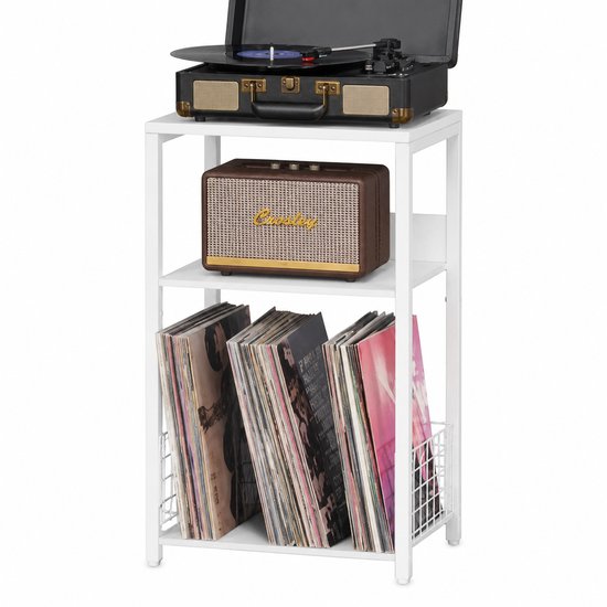 LP Opbergsysteem - Wit - Tot 100 Platen - Stevig Hout & Metaal - 65 x 40 x 30 cm (H x B x D) - Platenspeler Meubel - Platen Houder - Vinyl Kast / Tafel - Standaard - Platenrek - Platenhouder - Platenkast