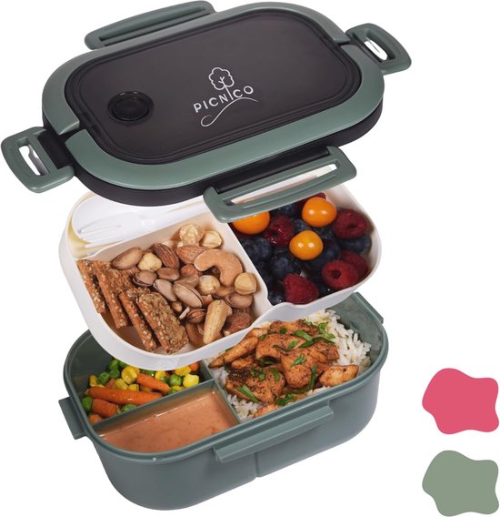 Lunchbox voor Kinderen en Volwassenen met Compartimenten en Bestek - Handige Broodtrommel, Snackdoosje, en Bentobox in Groen van Mepal