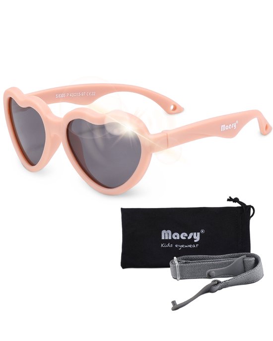 Maesy - baby zonnebril Maes - 0-2 jaar - flexibel buigbaar - verstelbaar elastiek - gepolariseerde UV400 bescherming - jongens en meisjes - hartvormige babyzonnebril - licht roze van Maesy