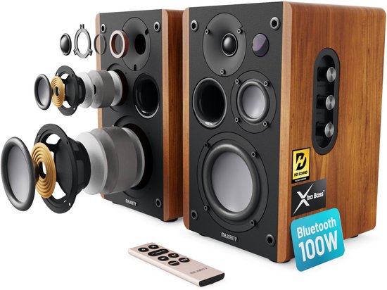 Majority D100 Bookshelf Speakers - 100W - Bluetooth - Hoofdtelefoonaansluiting - Hout van Merkloos