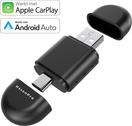 MasonPro 2-in-1 Carplay Dongle - Android Auto Dongle - Carplay Apple - Navigatiesysteem Auto - Carplay Android - Carplay Draadloos - Car Play - Wireless Carplay - USB - USB-C - Zwart - 2024 model van MasonPro