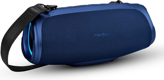 MEDION P61746 draagbare Bluetooth luidspreker (oplaadbare batterij, bass boost, RGB lichteffecten, IPX7 waterbescherming & robuust, geïntegreerde powerbank, 2x 15 W RMS) Blauw van MEDION