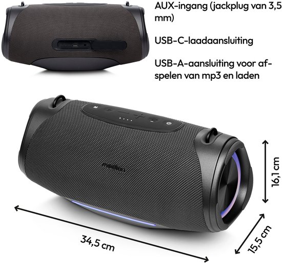 MEDION P61762 draagbare Bluetooth luidspreker (oplaadbare batterij, bass boost, RGB lichteffecten, IPX7 waterbescherming & robuust, geïntegreerde powerbank, 2x 25 W RMS) Antraciet van MEDION