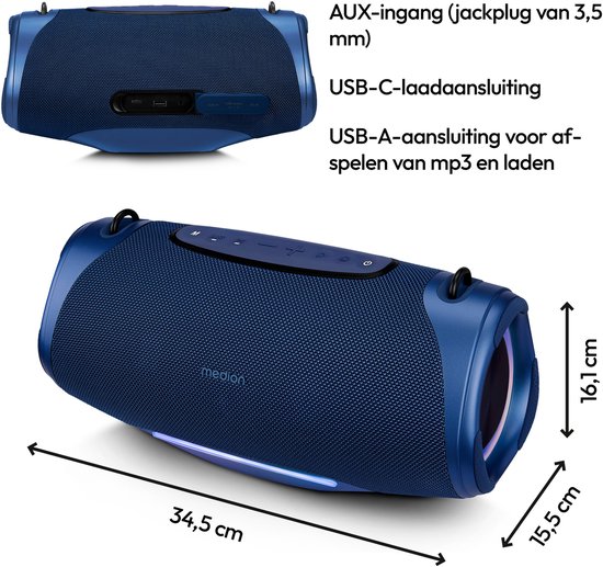 MEDION P61762 draagbare Bluetooth luidspreker (oplaadbare batterij, bass boost, RGB lichteffecten, IPX7 waterbescherming & robuust, geïntegreerde powerbank, 2x 25 W RMS) Blauw van MEDION