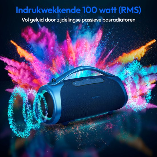 MEDION P61768 draagbare Bluetooth luidspreker (oplaadbare batterij, bass boost, RGB lichteffecten, IPX7 waterbescherming & robuust, geïntegreerde powerbank, 100W (RMS) totaal, 2x 25W + 50W) Blauw van MEDION