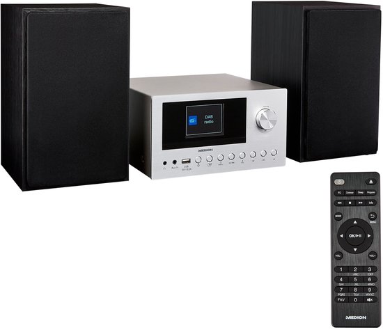 MEDION P85003 Micro audiosysteem (internetradio, DAB+, PLL FM-radio, Bluetooth, USB-aansluiting, AUX, 2x150 W) zilver van Merkloos