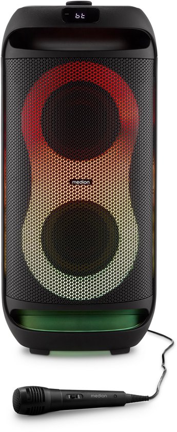 MEDION PE-2 Plus Partybox (Akku, mit Mikrofon, tragbarer Bluetooth Lautsprecher groß, Musikbox, Verschiedene Lichteffekte, Partylautsprecher mit Karaoke, Mikrofon und Gitarren Anschluss, AUX, USB)