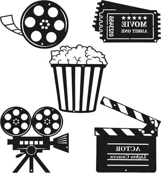 Metalen Muurdecoratie - Home Cinema - Film Sfeer Creëren - Set van 5 - Diverse Maten - Zwart