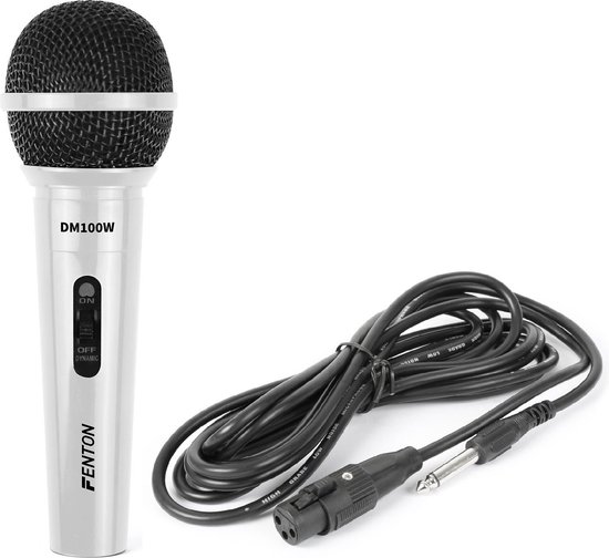 Microfoon - Dynamische microfoon Wit voor karaoke en DJ's - Fenton DM100W