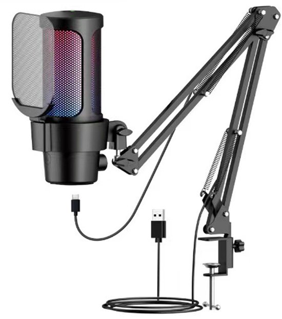 Microfoon voor PC, gamen en livestreaming‑ Microfoon met Arm‑ RGB Verlichting‑ Noise‑cancelling condensatormicrofoon met Mute, Gain en Monitoring