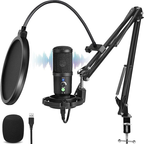 Microfoon - voor PC, gamen en livestreaming ‑ USB Microfoon met Arm ‑ Noise ‑ cancelling condensatormicrofoon met Mute en Monitoring
