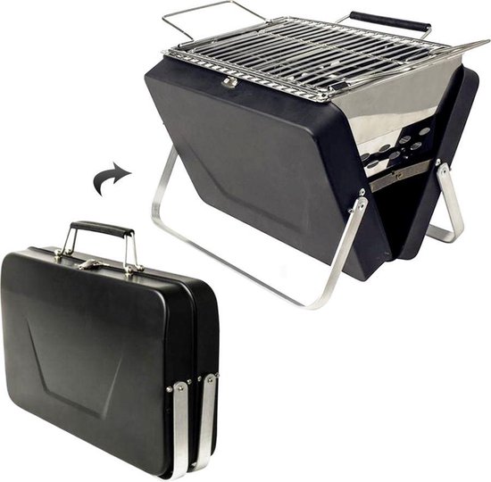 MikaMax Koffer BBQ - Houtskool BBQ - Mini Barbecue - Mat Zwart - Incl. Rooster - Grill Grootte 25 x 18 cm - Totaal Grootte 30 x 7,5 x 22,5 cm van MikaMax