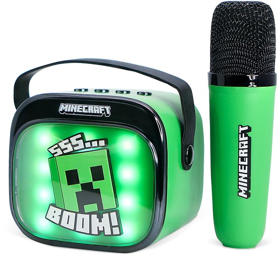 Minecraft - karaoke set voor kinderen - draadloze microfoon en speaker - met lichteffecten - stemvervorming