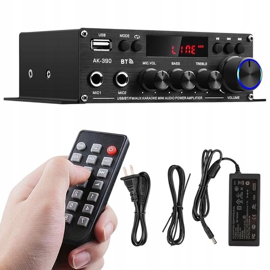 Mini Bluetooth Versterker - Stereo Audioversterker 2.0 - Bluetooth 5.0 - 40W × 2 - 2 Microfooningangen - FM Radio met USB/AUX/RCA en Afstandsbediening - Voor Muziek, Thuisbioscoop en Karaoke