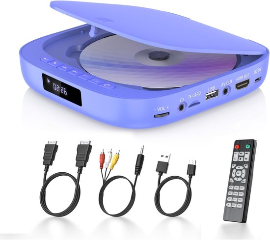 Mini-dvd-speler, dvd-speler voor tv, 1080p, regiovrij, met HDMI/RCA-kabel en afstandsbediening, CD/DV-plyaer-ondersteuning USB/TF-kaartingang, breakpoint-geheugen