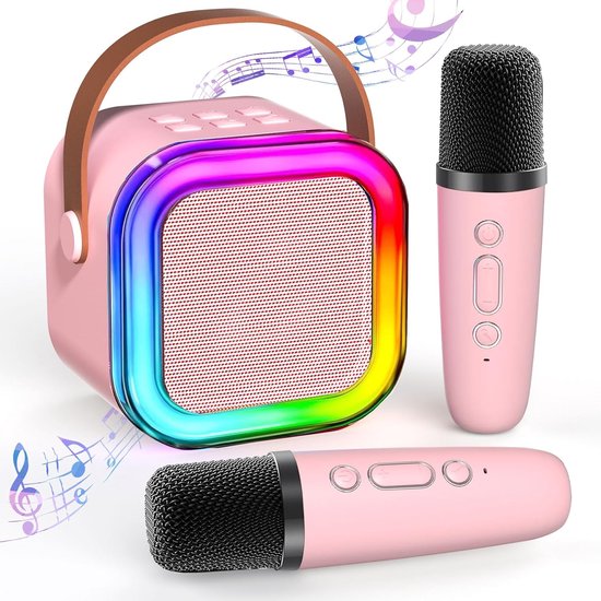 Mini Karaoke Machine voor Kinderen - Draadloze Karaoke Speaker met 2 Microfoons - LED Feestverlichting - Cadeau voor 2-12 Jaar - Model K12 Roze