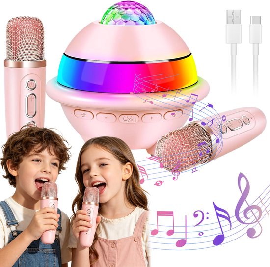 Mini Karaoke Set - Roze - Met Bluetooth Speaker, Microfoons en Discolamp - 4 Stemvervormers - Party Box - Draagbaar - voor Thuis en Feestjes - Verjaardagscadeau voor Kinderen