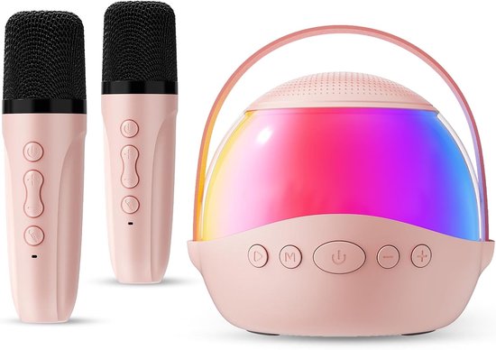 Mini karaokemachine als cadeau Geschikt voor kinderen en volwassenen, draagbare karaokeluidspreker met 2 draadloze microfoons, kindermicrofoon met luidspreker en led-lampje, verjaardagscadeau Geschikt voor meisjes van 3 tot 12 jaar (roze) van Merkloos