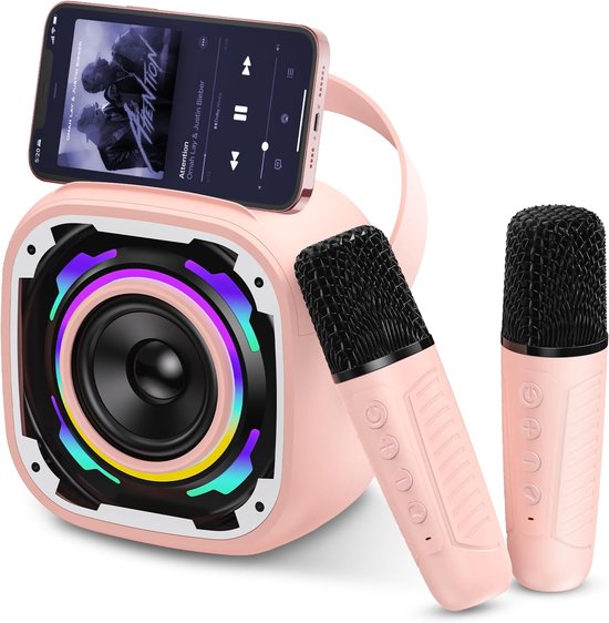 Mini Kinder Karaoke Machines met 2 Microfoons, Draadloze Draagbare Bluetooth Luidspreker met Telefoonsteun/Dynamisch Licht/Stemverander Effecten, Roze