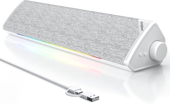 Mini soundbar - Wit - USB-C Aangedreven - LED Verlichting en Bluetooth 5.3 - Voor PC en Laptop