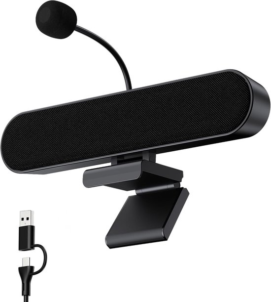 Mini soundbar - Zwart - USB-bedraad - Clip-on Computerluidspreker met Microfoon - Voor Desktop en Laptop