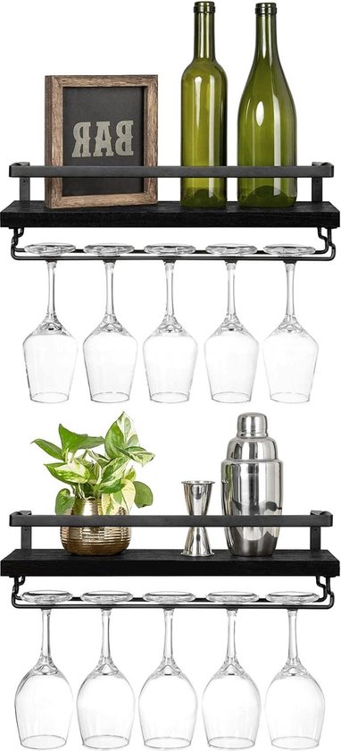 Mkono Wandmontage wijnrek set van 2 - houten plank rustieke - zwevende planken - moderne planten - keuken eetkamer bar zwart - 43 x 15 x 18 cm van MK