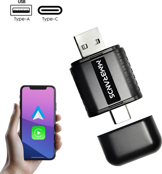 MM Brands 2-in-1 Carplay Dongle - Draadloos Carplay - Geschikt voor Apple Carplay & Android Auto - USB-A & USB-C - Zwart van MM Brands