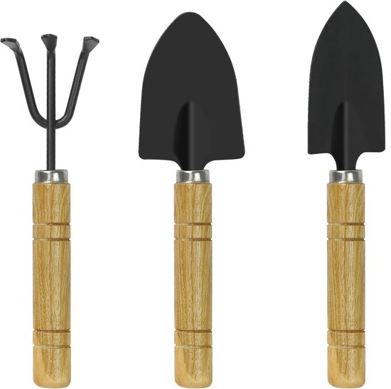 Mmgoqqt 3-delige mini-tuingereedschapset - Tuinschep Kleine tuingereedschapset - Houten handvat - Draagbare mini-schep - Schep - Hark Tuingereedschapset - Geschikt voor bonsaigereedschap-planten-potbloemen-het losmaken van grond van Mmgoqqt