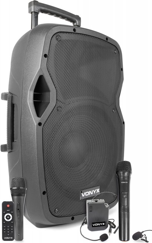 Mobiele party speaker - Vonyx AP1200PA - 600 Watt - 2 handmicrofoons - 1 headset microfoon - Bluetooth - USB - SD van MOB