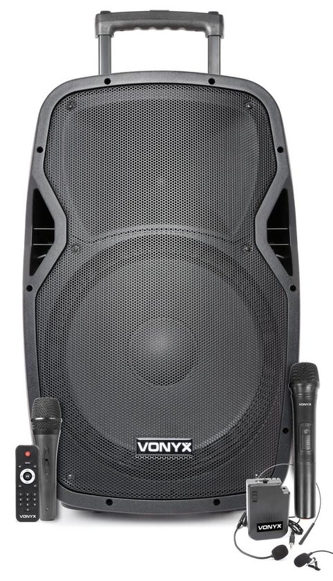 Mobiele party speaker - Vonyx AP1500PA - 800 Watt - partybox met 2 microfoons - 1 headset microfoon - op accu van MOB