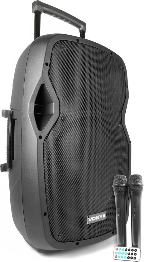 Mobiele party speaker - Vonyx AP1500PA - 800 Watt - partybox met 2 microfoons - op accu van MOB