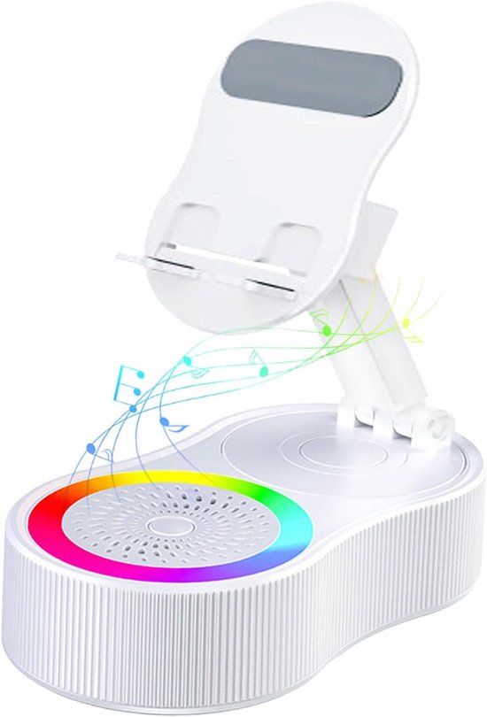 Mobiele telefoonhouder, 2025 verbeterde draadloze inductie-audio-Bluetooth-luidsprekerhouder met kleurrijk omgevingslicht, oplaadbaar voor noodgevallen, 360° opvouwbaar (wit) van Cemylar