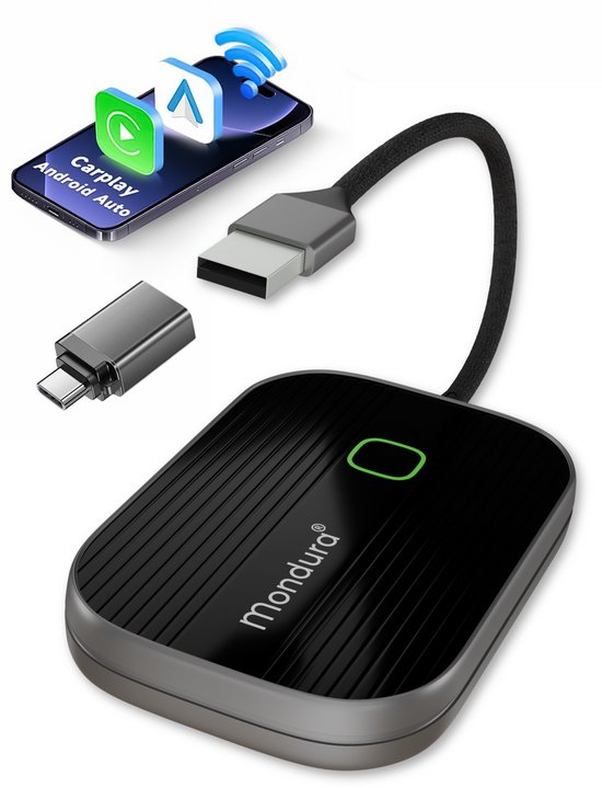 Mondura Carplay Dongle - Android Auto Dongle - Apple Carplay Adapter - Draadloos Carplay - 2-in-1 Bluetooth Adapter - Zwart glas - Titanium grijs - USB en USB-C - Met Opberg Zakje van Mondura