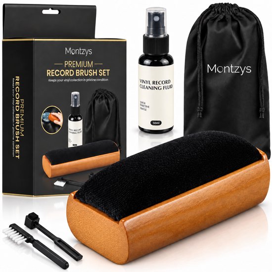 Montzys® Platenborstel Set - Vinyl Borstel met Reinigingsvloeistof & Naaldborstel - LP Platenreiniger voor Platenspeler - Inclusief Opbergzakje