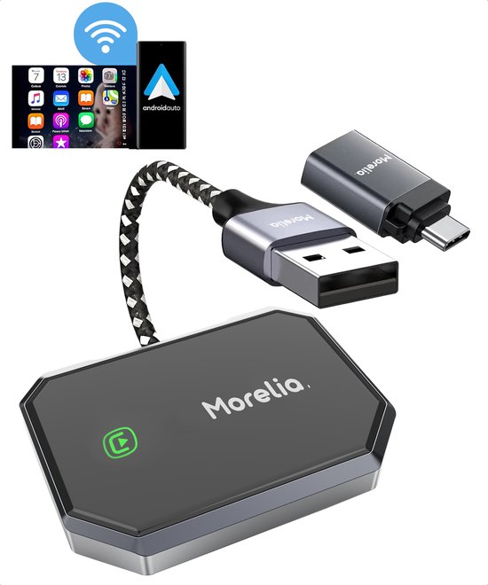 Morelia® Premium 2-in-1 Car Dongle - Draadloos APPLE Carplay en ANDROID Auto in 1 - Zwart van Morelia