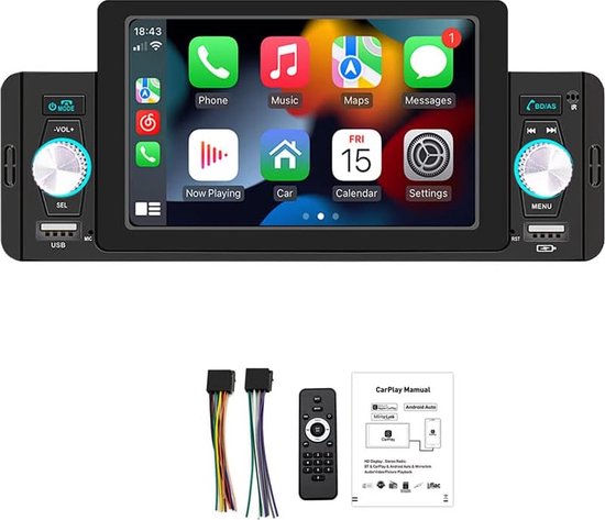 Multimedia Autoradio - Geschikt voor Android en Carplay - 5 Inch - Touchscreen - Stembesturing - Bluetooth - USB - ‎18,8 x 8,2 x 5 van Braveo