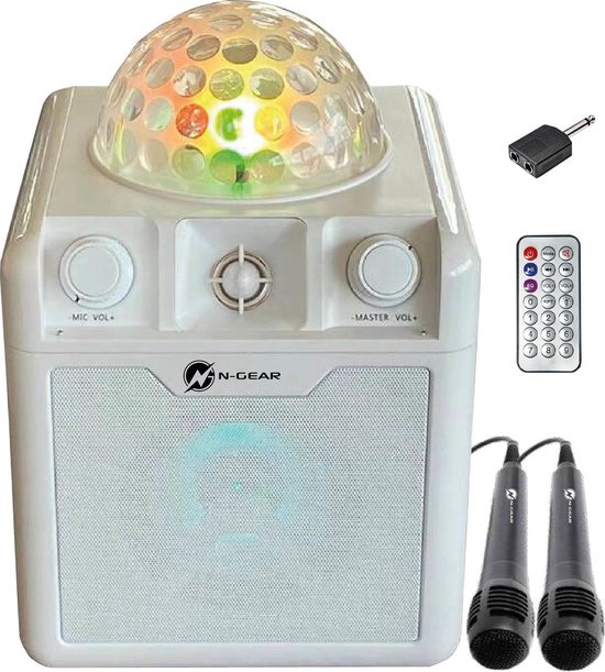 N-GEAR Disco Block 410 - Bluetooth Speaker - Karaoke Set - Party Box met 2 Microfoons - Wit