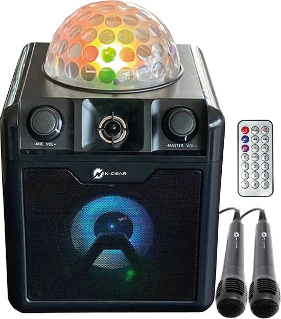N-GEAR Disco Block 410 - Bluetooth Speaker - Karaoke Set - Party Box met Verlichting + 2 Microfoons - Zwart